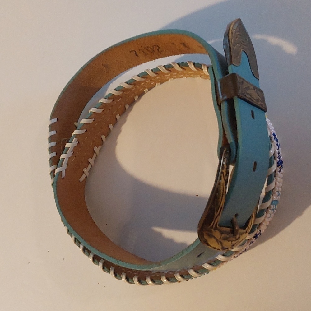 Vintage Ice Blue Leather Beaded aztec Design Belt Brass TONE Buckle Sz.M - Picture 2 of 7